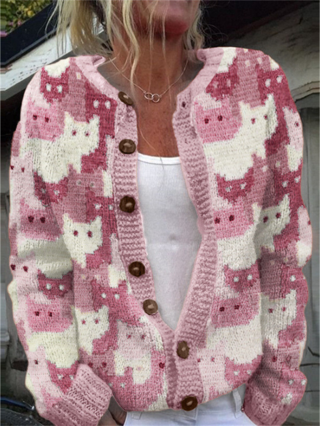 Soft Knit Cat Pattern Cardigan Relaxed Fit Women