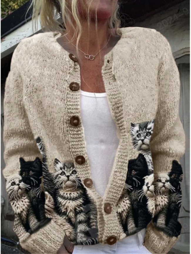 Soft Knit Cat Pattern Cardigan Relaxed Fit Women