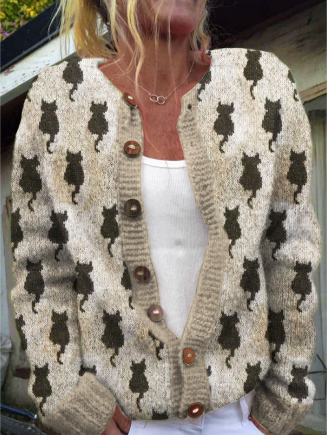 Soft Knit Cat Pattern Cardigan Relaxed Fit Women