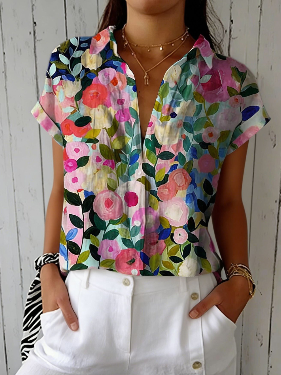 Frida | Bloom Canvas Blouse With Short Sleeves