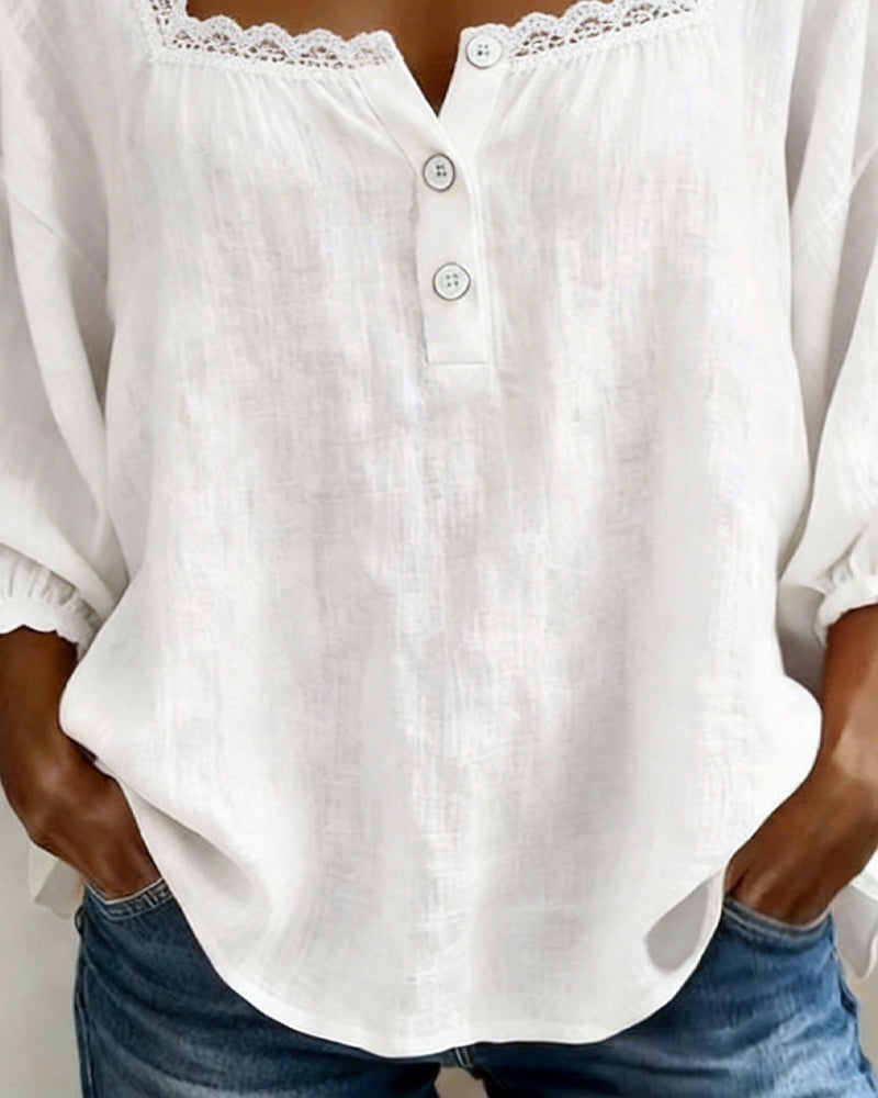 Lace Blouse with Square Neckline and Puff Sleeves