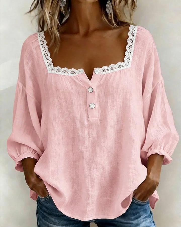 Lace Blouse with Square Neckline and Puff Sleeves