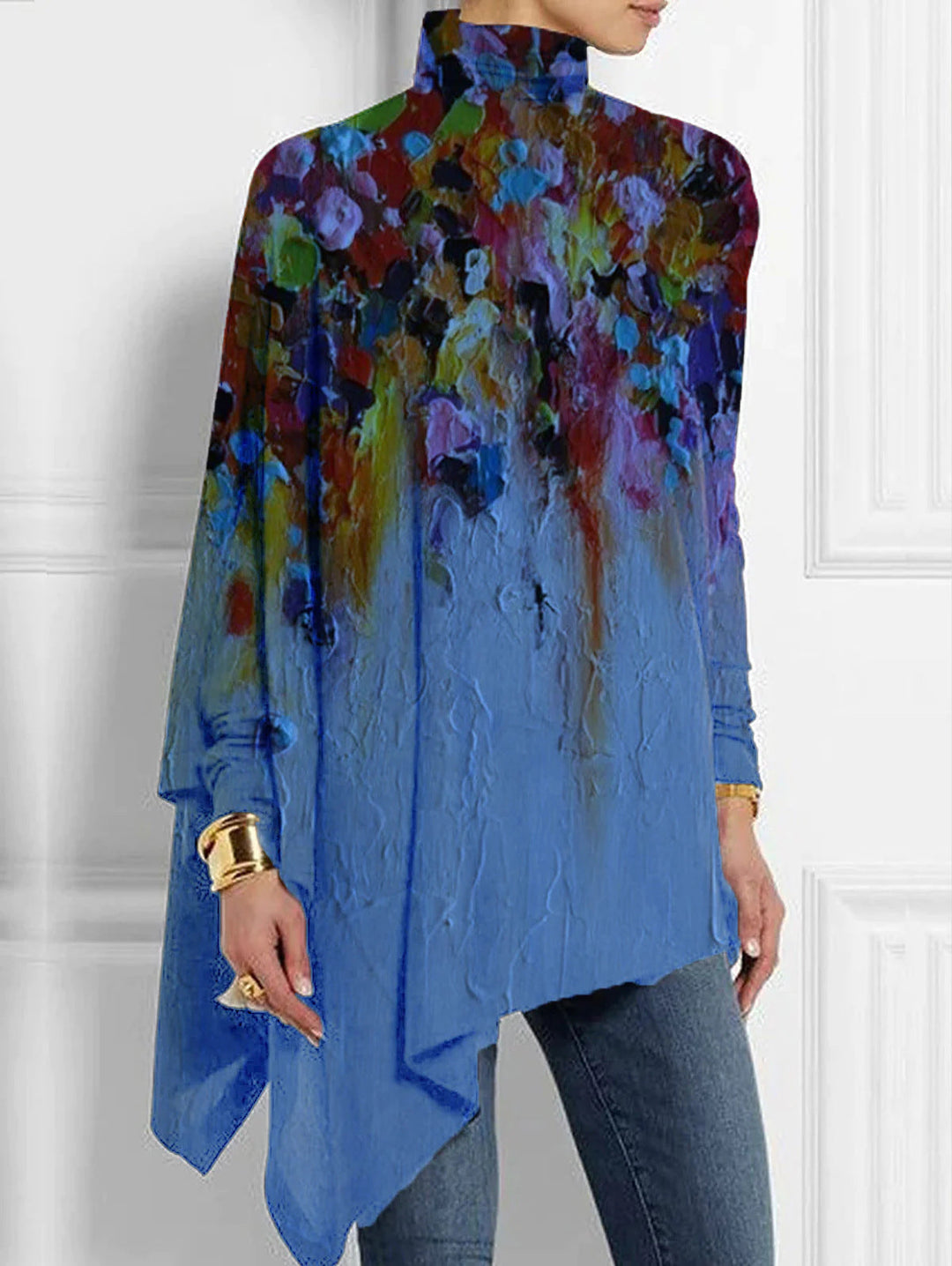 Oversized High Neck Top Lightweight Crinkled Fabric