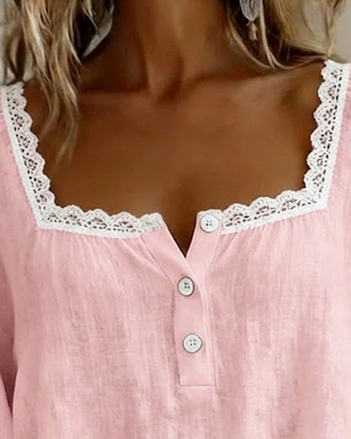 Lace Blouse with Square Neckline and Puff Sleeves