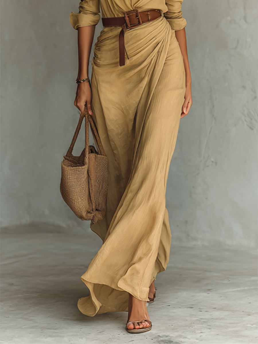 Maxi Dress with Notch Collar Long Sleeve