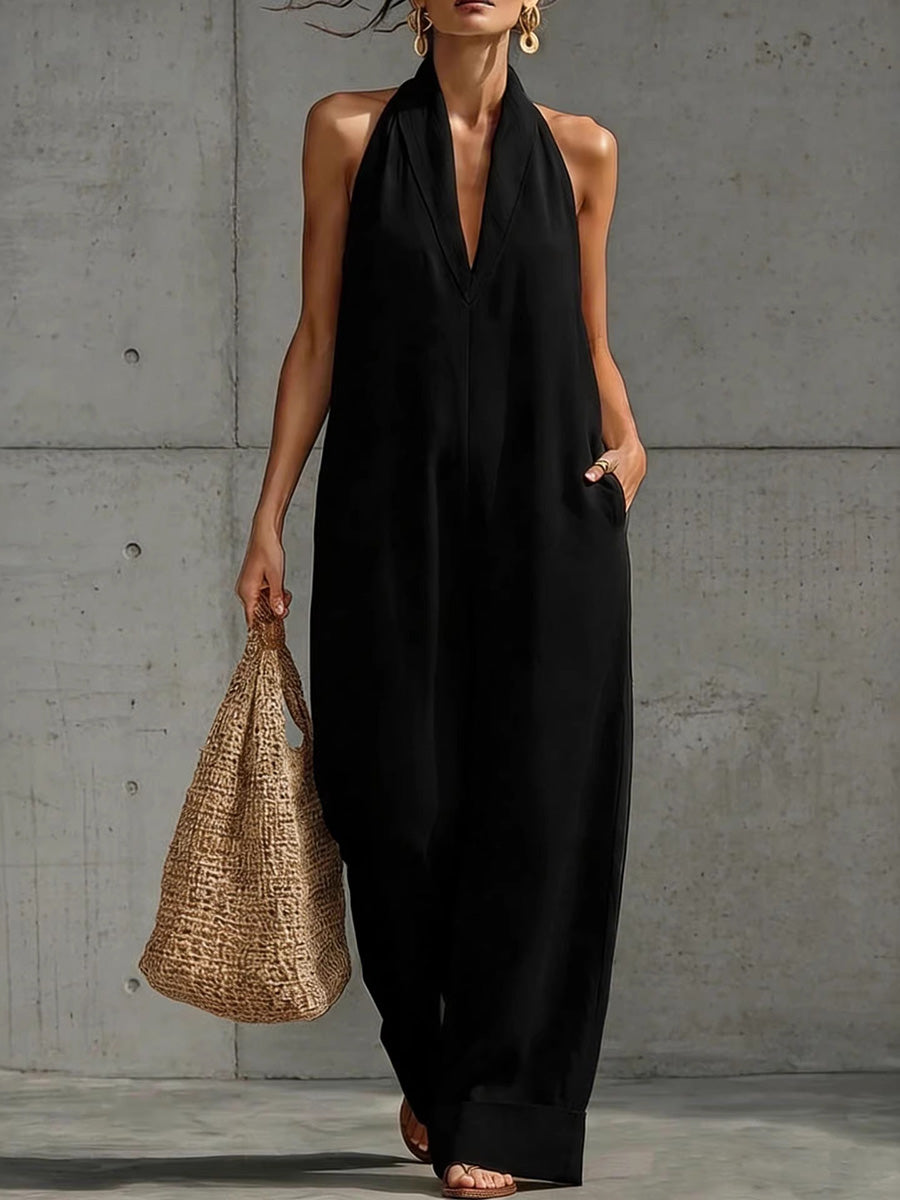 High Waisted Sleeveless Pockets Solid Color V-Neck Jumpsuits