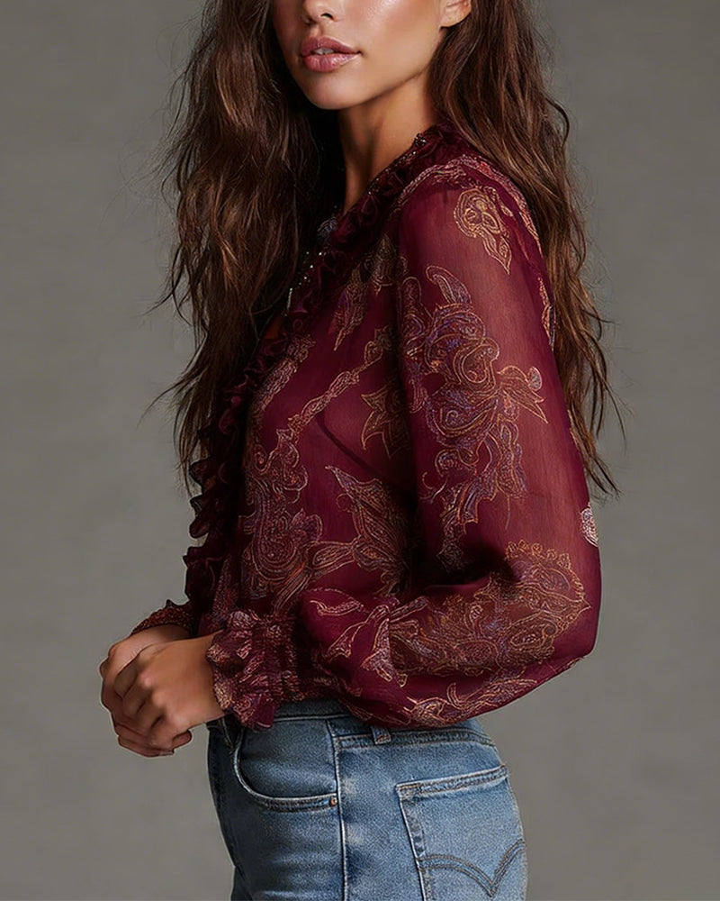 Demi-Zip Ruffle Retro Blouse