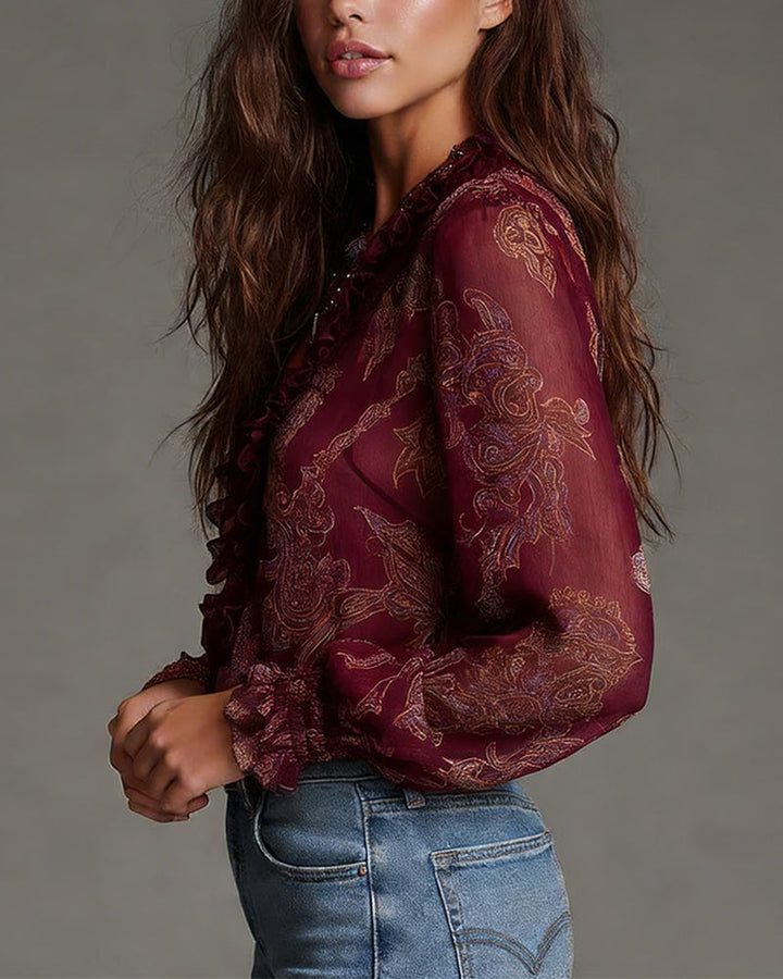 Demi-Zip Ruffle Retro Blouse