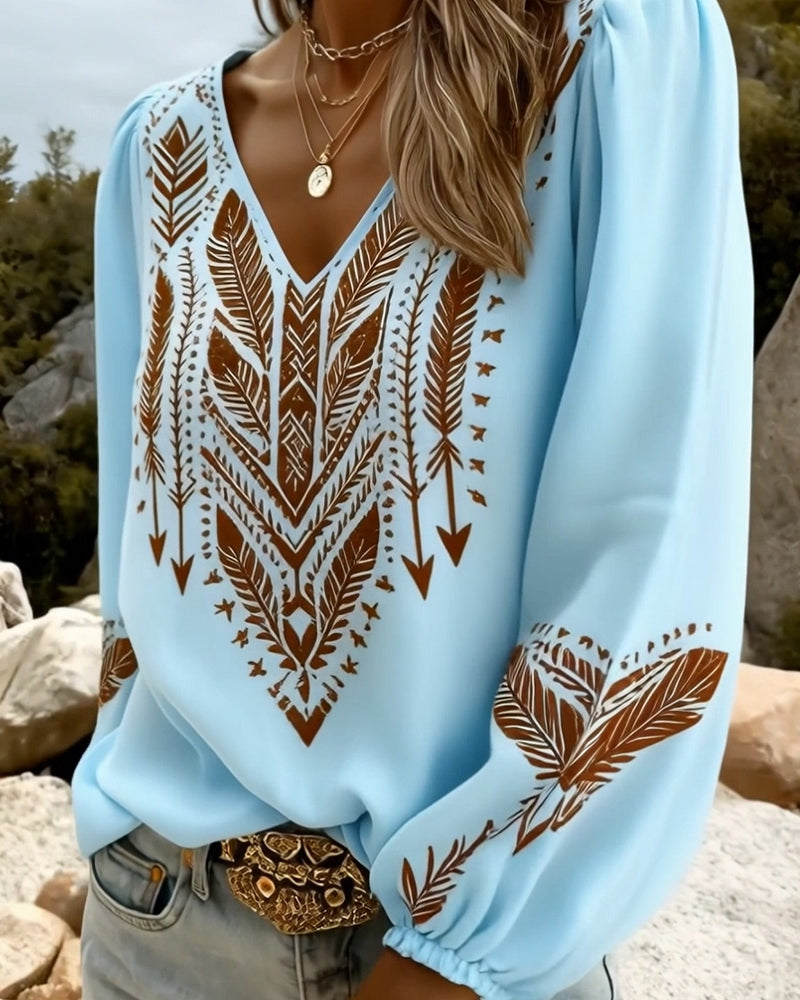Voluminous Sleeve Blouse with Wide V-Neck