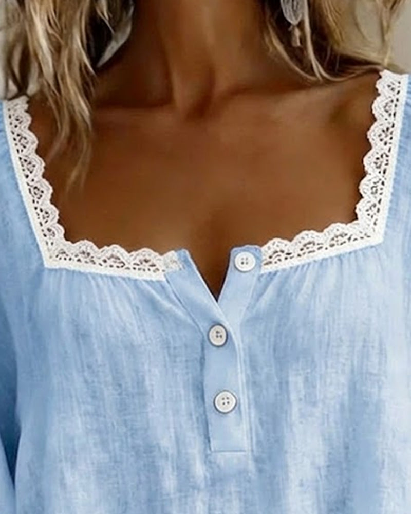 Lace Blouse with Square Neckline and Puff Sleeves