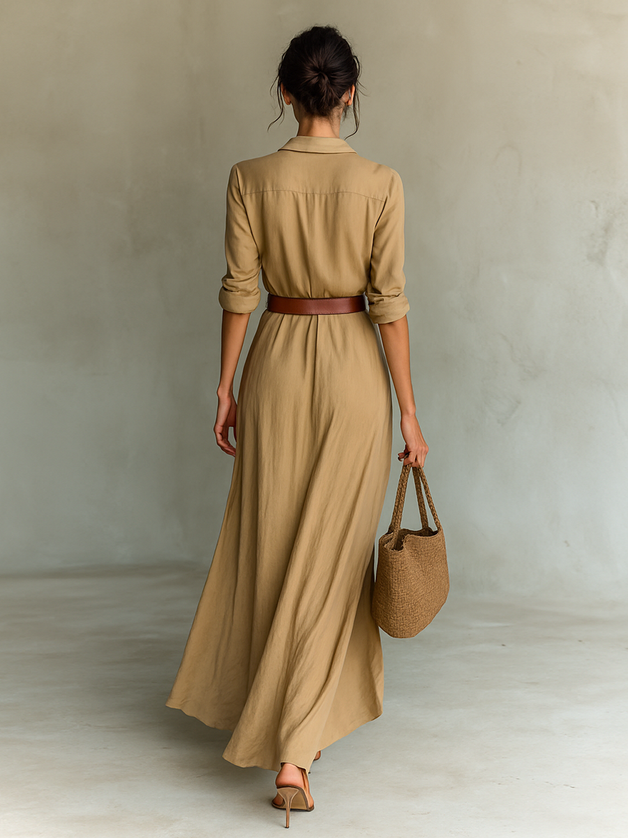 Maxi Dress with Notch Collar Long Sleeve