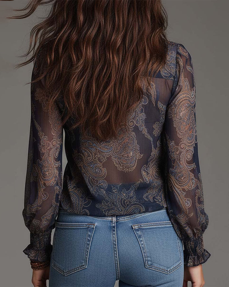 Demi-Zip Ruffle Retro Blouse