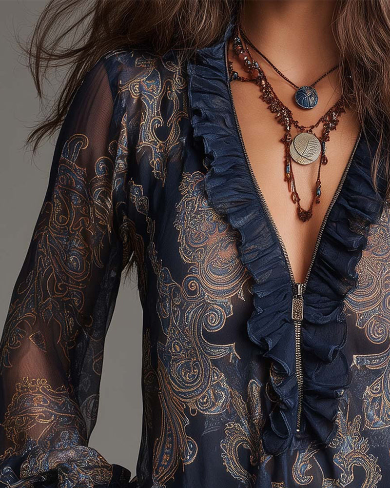 Demi-Zip Ruffle Retro Blouse