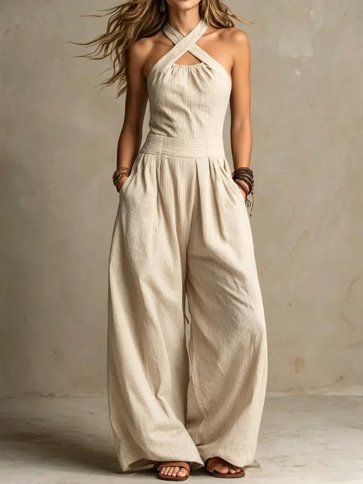 Bianca | Cotton and linen jumpsuit with elegant crossover neckline